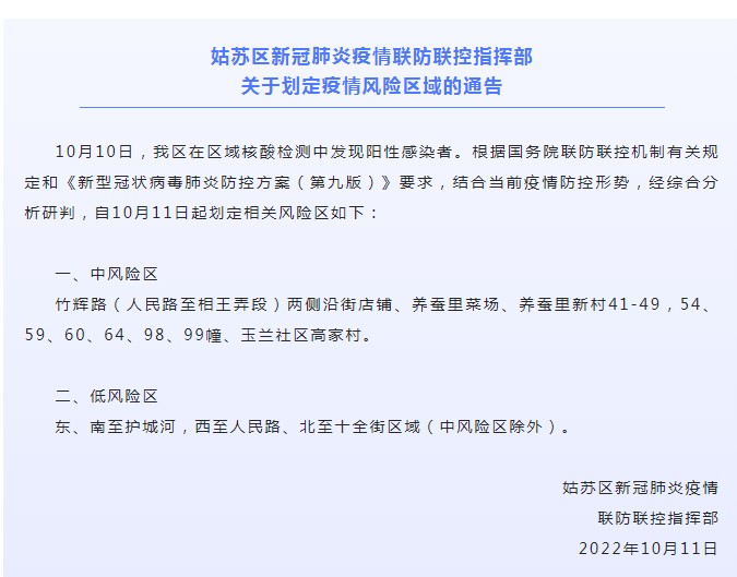 姑苏区新冠肺炎疫情联防联控指挥部关于划定疫情风险区域的通告(图1)